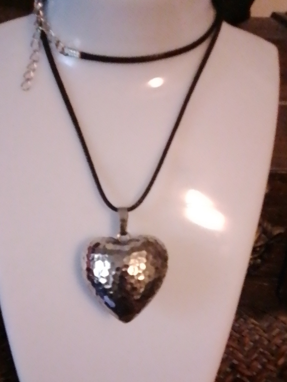 Hammered Silver Heart Pendant Necklace - Black Cord Vintage